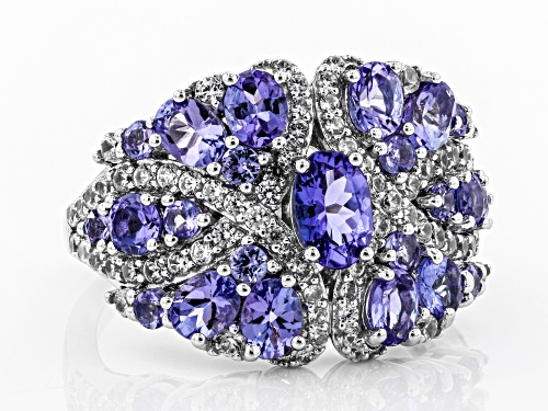 2.15ctw Mixed Shape Tanzanite with .67ctw Round White Zircon Rhodium Over Sterling Silver Ring - Size 9