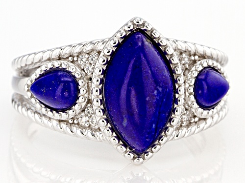 12x7mm Marquise And 6x4mm Pear Shape Lapis Lazuli With .09ctw White Zircon Rhodium Over Silver Ring - Size 7