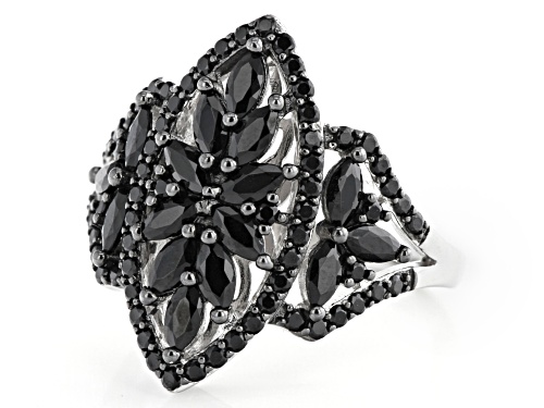 1.58ctw Marquise and Round Black Spinel Rhodium Over Sterling Silver Vintage Style Ring - Size 8