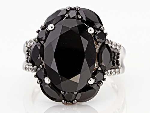 8.57ctw Mixed Shape Black Spinel & .23ctw Zircon Rhodium Over Sterling Silver Ring - Size 7