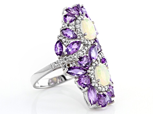 .77ctw Oval Ethiopian Opal, 3.39ctw Amethyst & .98ctw White Zircon Rhodium Over Silver Bypass Ring - Size 8