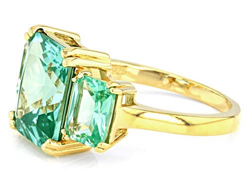 6.10CTW Emerald Cut Lab Created Green Spinel 18k Yellow Gold Over Silver 3-Stone Ring - Size 9