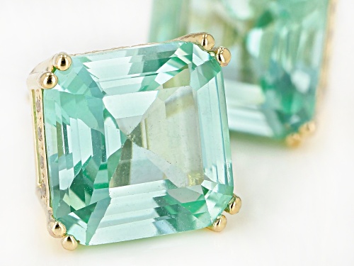 7.31ctw Asscher Cut Lab Created Green Spinel, .16ctw White Zircon 18k Gold Over Silver Stud Earrings
