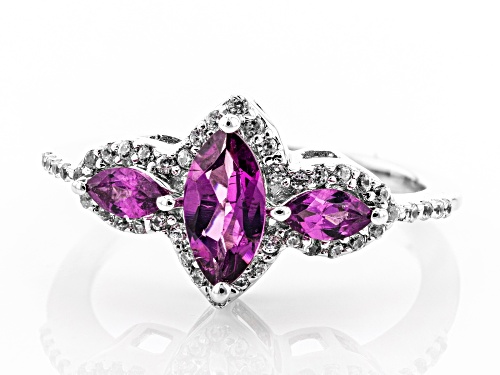 .83ctw Marquise Raspberry Color Rhodolite and .31ctw White Zircon Rhodium Over Silver Ring - Size 8
