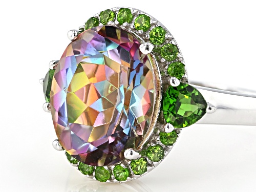 4.28ctw Oval Northern Lights™ Quartz & Mixed Shape Russian Chrome Diopside Rhodium Over Silver Ring - Size 8