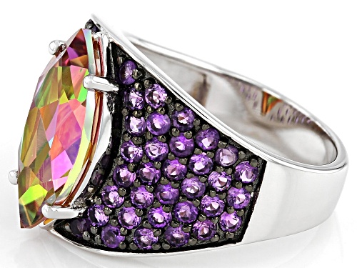 3.64ct Marquise Northern Lights™ Quartz, 1.41ctw African Amethyst Rhodium Over Silver Ring - Size 7