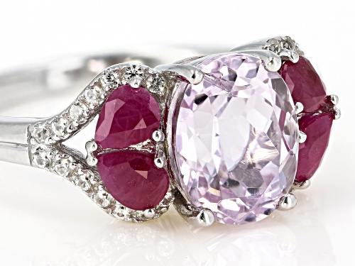 1.98ct Oval Kunzite, .68ctw Pear Shape Ruby & .20ctw Round White Zircon Rhodium Over Silver Ring - Size 8