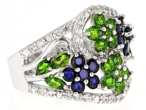 1.19ctw Chrome Diopside With .94ctw Blue Sapphire And .57ctw Zircon Rhodium Over Silver Ring - Size 8