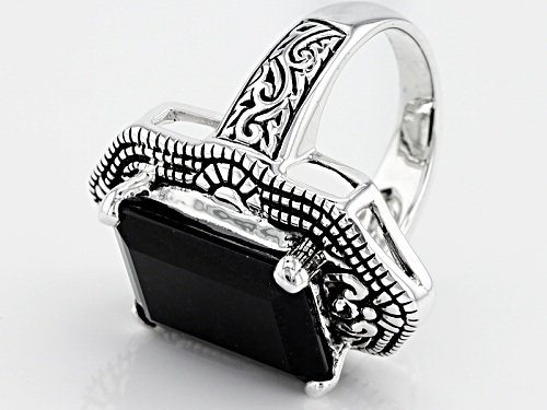 11.77ct Emerald Cut Black Austrailian Sapphire Solitaire Sterling Silver Ring - Size 8