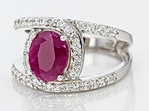1.44ct Oval Mahaleo® Ruby With .71ctw Round White Zircon Sterling Silver Ring - Size 7