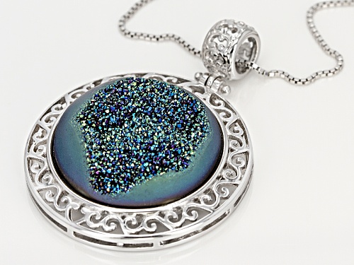 22mm Round Green Drusy Quartz Sterling Silver Pendant With Chain