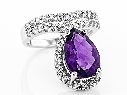 2.92ct Pear Shape African Amethyst With .83ctw Round White Zircon Sterling Silver Ring - Size 11