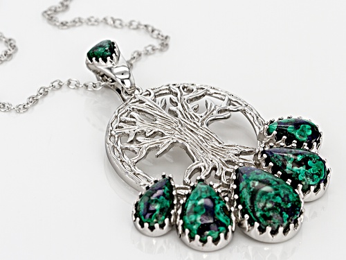 Pear Shape And Trillion Cabochon Azurmalachite Silver Tree Of Life Enhancer/Pendant With Chain