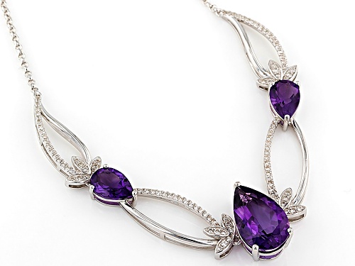 6.31ctw Pear Shape African Amethyst With .86ctw Round White Zircon Sterling Silver Necklace - Size 18
