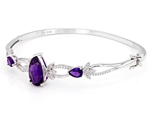 5.44ctw Pear Shape African Amethyst And .50ctw Round White Zircon Sterling Silver Bangle Bracelet - Size 8