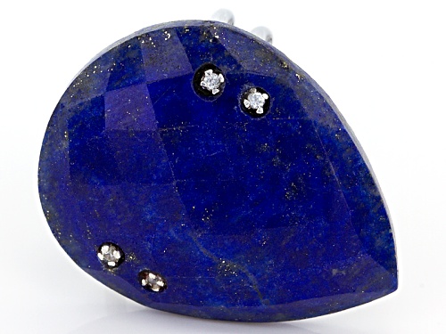 32x25mm Pear Shape Checkerboard Cut Lapis Lazuli With .13ctw Round White Zircon Sterling Silver Ring - Size 7