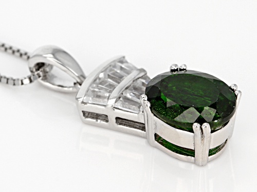 2.29ct Oval Russian Chrome Diopside With .70ctw Baguette White Zircon Silver Pendant With Chain