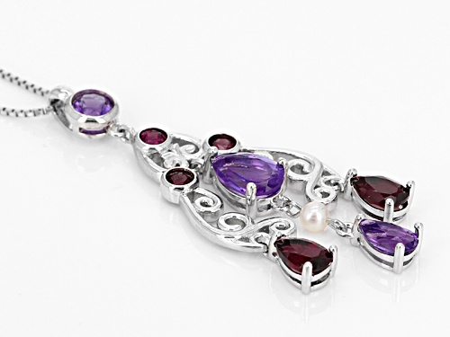 2.27ctw African Amethyst With Rhodolite Garnet And Cultured Freshwater Pearl Silver Pendant W/Chain