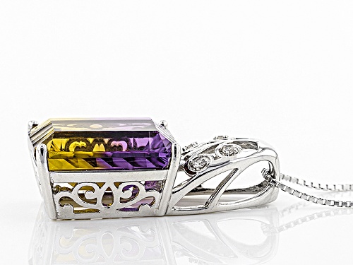12.30ct Rectangular Lab Created Ametrine With .12ctw Round White Zircon Silver Pendant With Chain