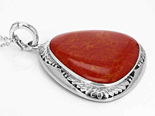 37.5x37.5mm Fancy Trillion Cabochon Red Coral Solitaire Rhodium Over Silver Enhancer With Chain