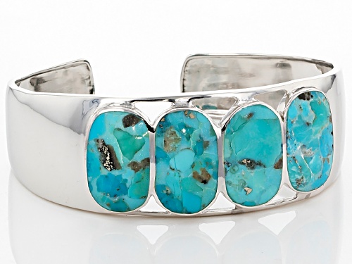 20x12.50mm Rectangular Cushion Blue Turquoise Rhodium Over Sterling Silver Cuff Bracelet - Size 8