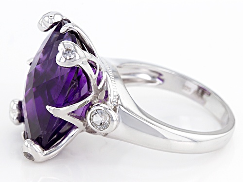 11.90ct Rectangular Cushion Checkerboard Cut African Amethyst With .49ctw White Zircon Silver Ring - Size 5