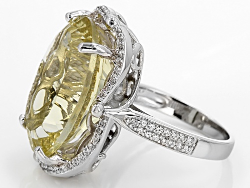 14.03ct Oval Quantum Cut(R) Canary Yellow Quartz With .42ctw Round White Zircon Sterling Silver Ring - Size 6
