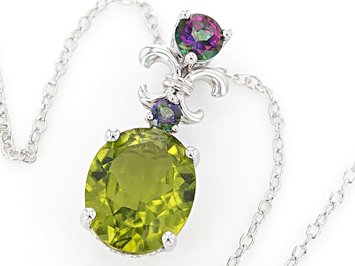 3.57ct Oval Manchurian Peridot™ And .34ctw Round Green Mystic Topaz® Silver Pendant With Chain