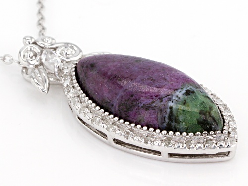 20x10mm Marquise Cabochon Ruby Zoisite And .30ctw Round White Zircon Silver Pendant With Chain
