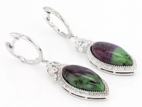 18x9mm Marquise Cabochon Ruby Zoisite And .45ctw Mixed Shape White Zircon Silver Earrings