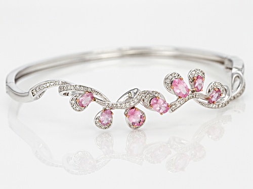 2.13ctw Oval Pink Spinel And .74ctw Round White Zircon Sterling Silver Bangle Bracelet - Size 7.5