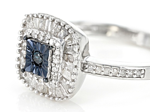 0.55ctw Baguette And Round Blue Velvet Diamond™ And White Diamond Rhodium Over Sterling Silver Ring - Size 7
