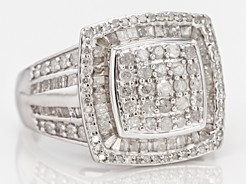 1.70ctw Baguette And Round White Diamond Rhodium Over Sterling Silver Ring - Size 5