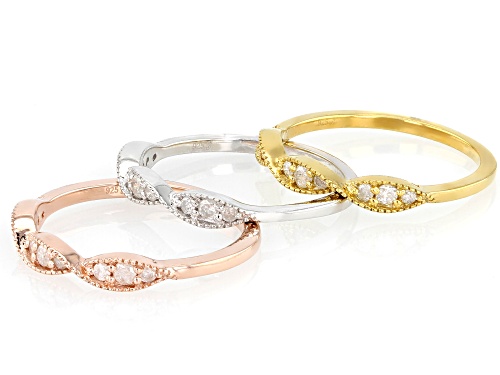 0.48ctw Round White Diamond Rhodium & 14k Yellow and Rose Gold Over Sterling Silver Ring Set of 3 - Size 8