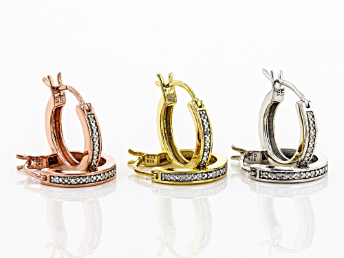 Englid™ .10ctw White Diamond, 14K Yellow & Rose Gold & Rhodium over Sterling Silver Earring Set of 3