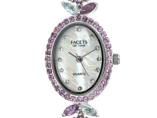 Facets Of Time™ 15.66ctw Glacier Topaz™ and Amethyst with MOP Dial Sterling Silver Watch