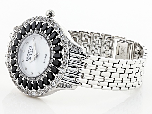 Facets Of Time™ Black Spinel White Zircon Mop Dial Sterling Silver Watch