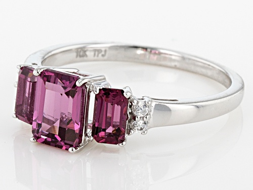1.60ctw Emerald Cut Grape Color Garnet With .06ctw Round White Zircon 10k White Gold 3-Stone Ring. - Size 8