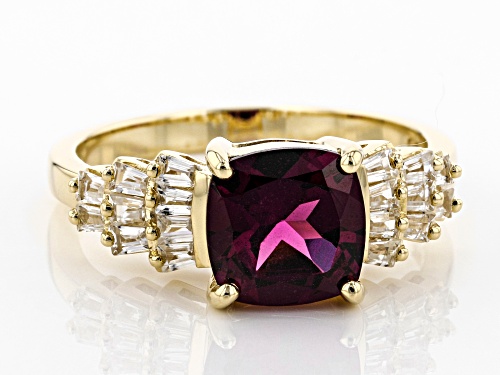 2.14ct Square Cushion Grape Color Garnet & .46ctw Tapered Baguette White Zircon 10k Yellow Gold Ring - Size 7