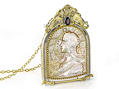 30x24mm Mother-of-Pearl, .27ct Garnet Rhodium/24k Gold Over Palladium Silver Brooch/Pendant W/Chain