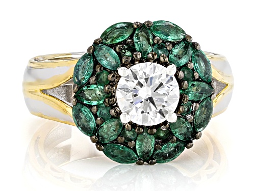 1.00ct Lab Grown Diamond, 1.21ctw Grizzly Emerald Rhodium/24k Gold Over Palladium Silver Ring - Size 8