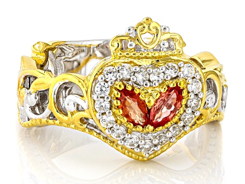 0.68ctw Padparascha Sapphire, White Zircon Rhodium/24k Gold Over Palladium Sterling Silver Ring - Size 9