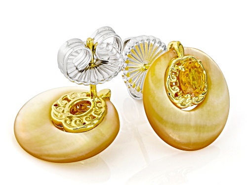 0.87ctw Sapphire With 15mm Mother-of-Pearl Rhodium/24k Gold Over Palladium Sterling Silver Earrings