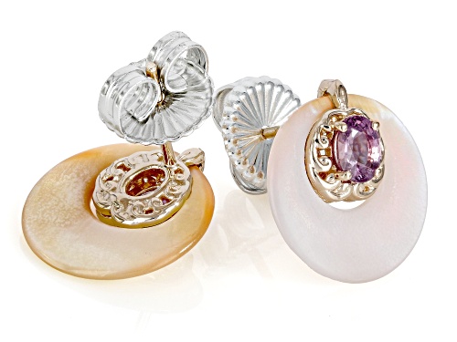 0.82ctw Pink Sapphire With 15mm Pink Mother-of-Pearl Rhodium/18k Gold Over Palladium Silver Earrings