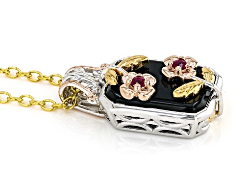 .08ctw Ruby, 14x10mm Black Onyx Rhodium/18k/24k Gold Over Palladium Silver Pendant/Chain