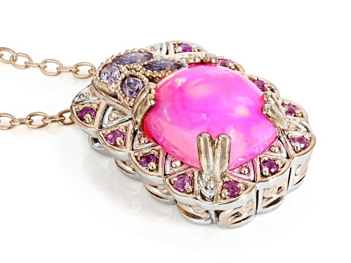 3.62ctw Ethiopian Pink Opal, Amethyst, Sapphire Rhodium/18k Gold Over Palladium Silver Pendant/Chain