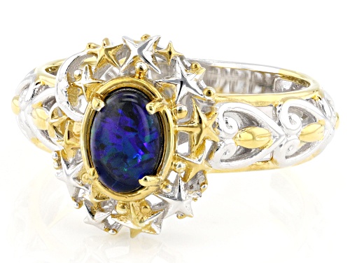 7x5mm Peacock Australian Opal Triplet Rhodium & 24K Yellow Gold Over Palladium Sterling Silver Ring - Size 10