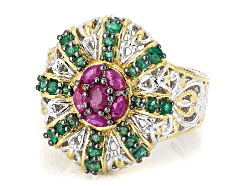 1.10ctw Ruby, Grizzly Emerald Rhodium/24k Yellow Gold Over Palladium Sterling Silver Ring - Size 9