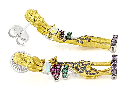 2.16ctw Multi-Gemstone Rhodium & 24k Gold Over Palladium Sterling Silver Safari Earrings