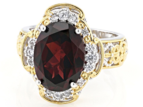 6.00ct Almandine Garnet, 0.48ctw White Zircon Rhodium/24k Gold Over Palladium Sterling Silver Ring - Size 7